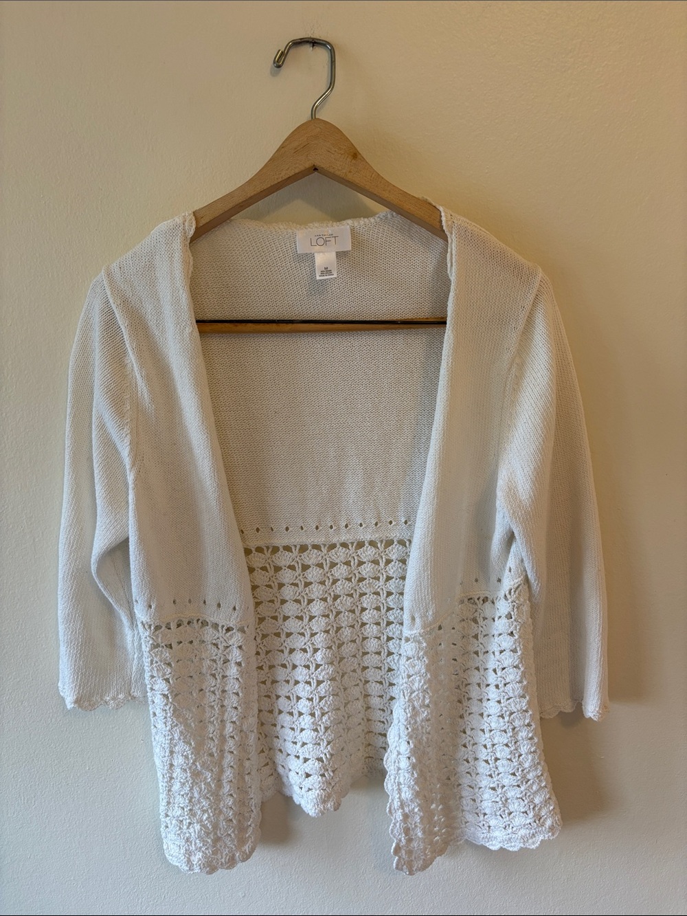 LOFT White Open-Knit Crochet Hem Cardigan